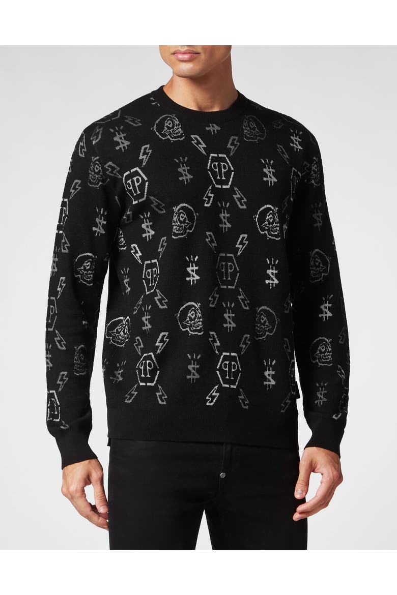 Pullover Round Neck Monogram Men, Main, color, black/grey