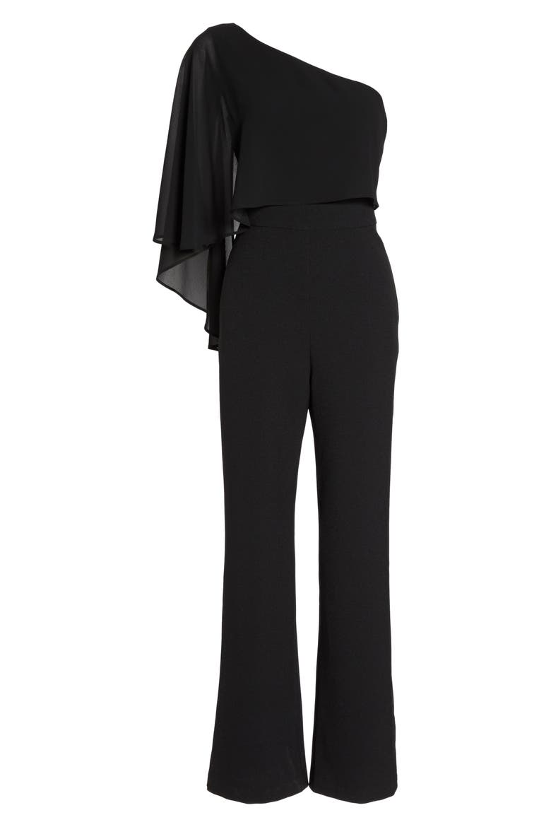 Cape Overlay One-Shoulder Jumpsuit, Alternate, color, BLACK