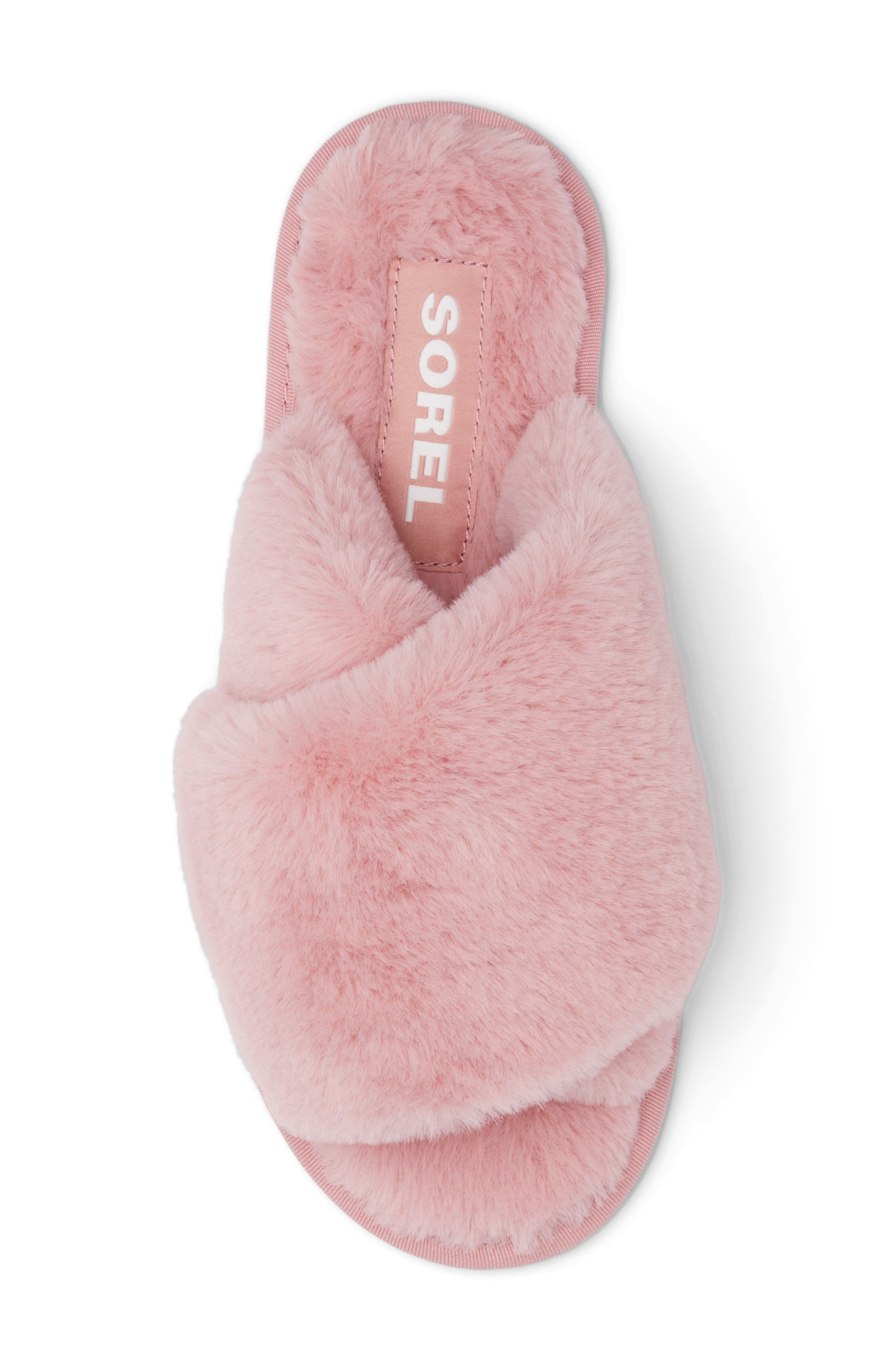 SOREL Go Mail Run Faux Fur Slide Slipper, Alternate, color, Eraser Pink/ Sea Salt