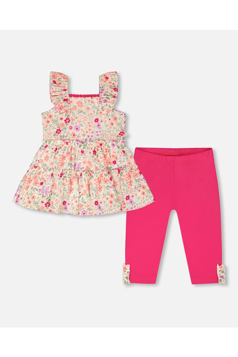 Tunic and Organic Cotton Flowers Capri Set, Main, color, Off White Print Flowers & Pink