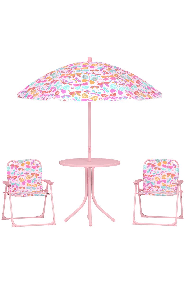 Qaba Kids Outdoor Picnic Table with Foldable Chairs and Removable Umbrella, Alternate, color, Pink