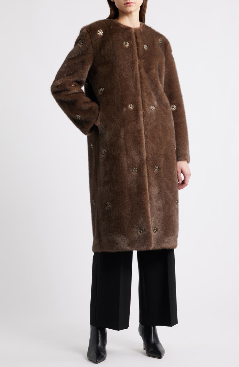 Elie Tahari The Celeste Crystal Flower Faux Fur Coat | Nordstrom