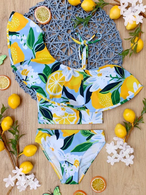MIA BELLE GIRLS MIA BELLE GIRLS GIRLS CITRUS SPLASH LEMON PRINT TWO-PIECE SWIMSUIT