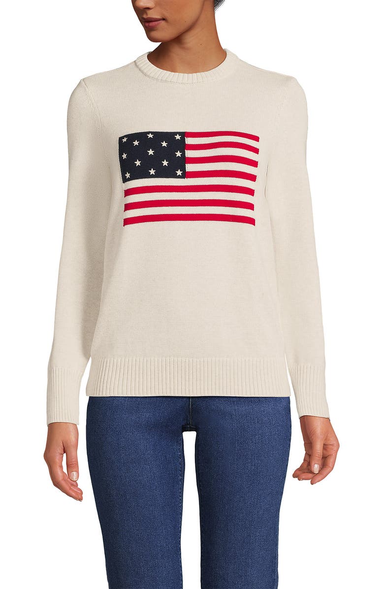 Lands' End Cotton Drifter Crew Neck Sweater - Embroidered, Alternate, color, Oatmeal Heather Flag
