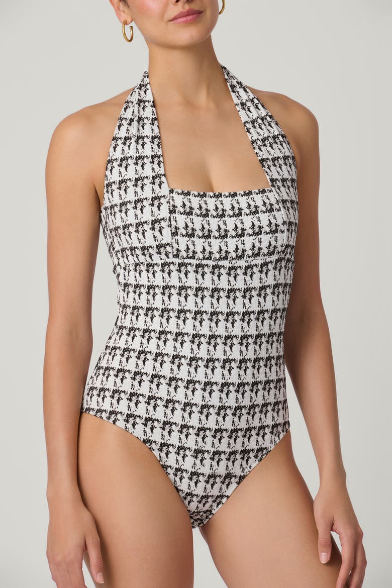 Herringbone Texture Retro Halter One-Piece, Alternate, color, Jet/Optic