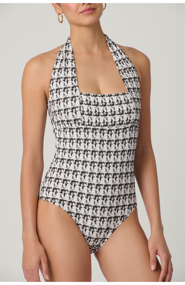 Shoshanna Herringbone Texture Retro Halter One-Piece, Alternate, color, Jet/Optic