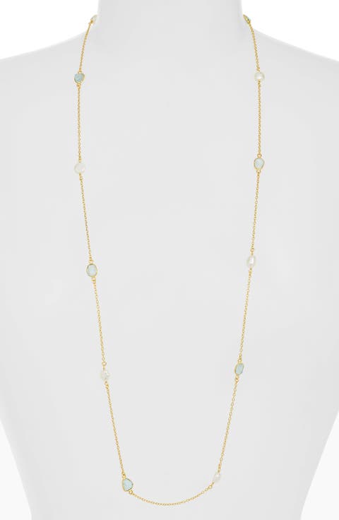 Ella Freshwater Pearl & Aquamarine Station Necklace