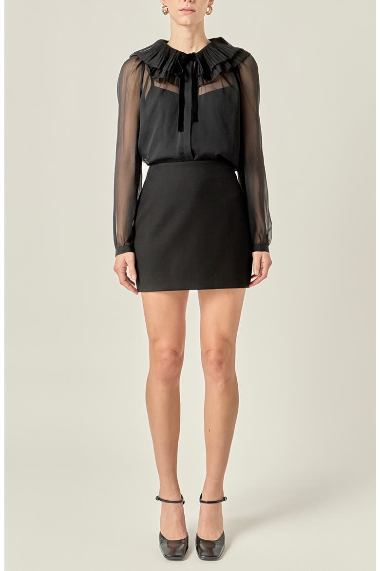 Pleated Collar Chiffon Top, Alternate, color, BLACK