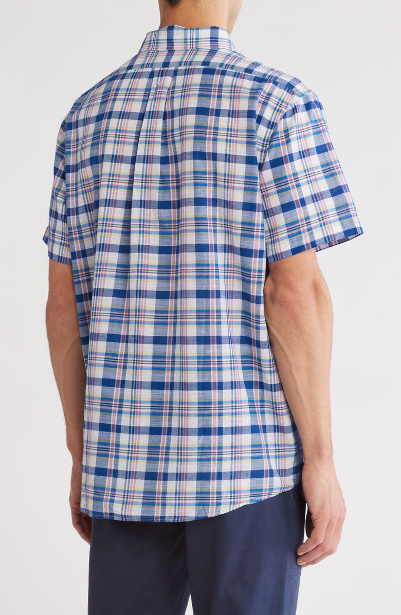 Brooks Brothers Madras Short Sleeve Sport Fit Button-Down Shirt, Alternate, color, White/ Navy