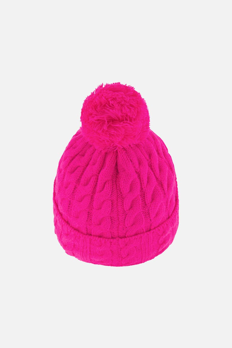 Cable Texture Fleece-Lined Folded Cuff Knit Hat with Pompom, Alternate, color, Bright Pink