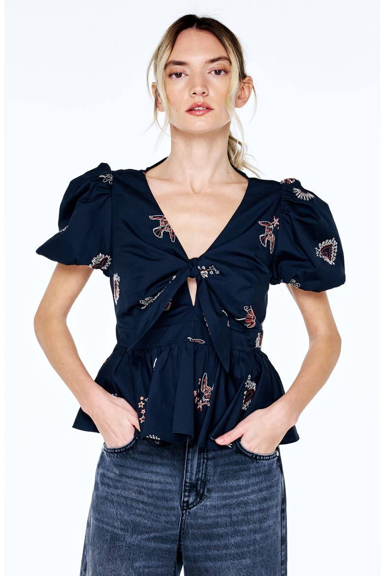 Liyana Embroidered Tie Front Peplum Top, Alternate, color, BLACK