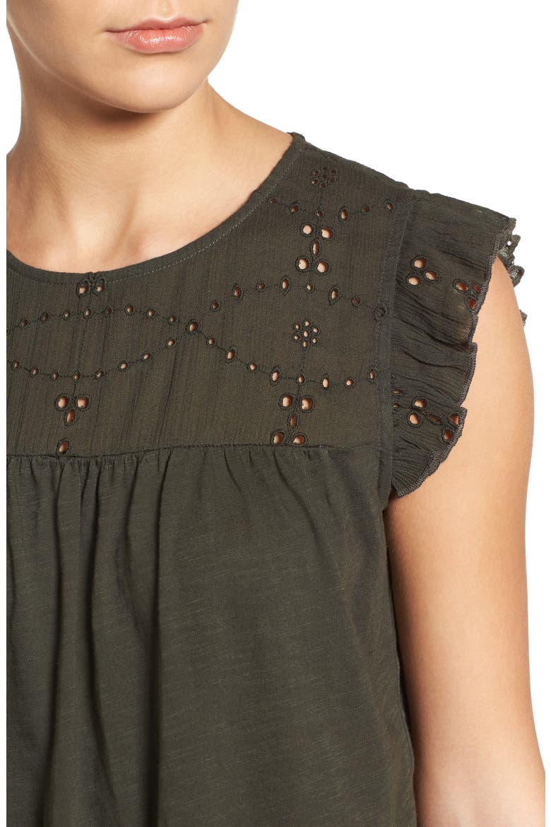 Eyelet Embroidered Flutter Sleeve Top, Alternate, color, OLIVE TUSCAN