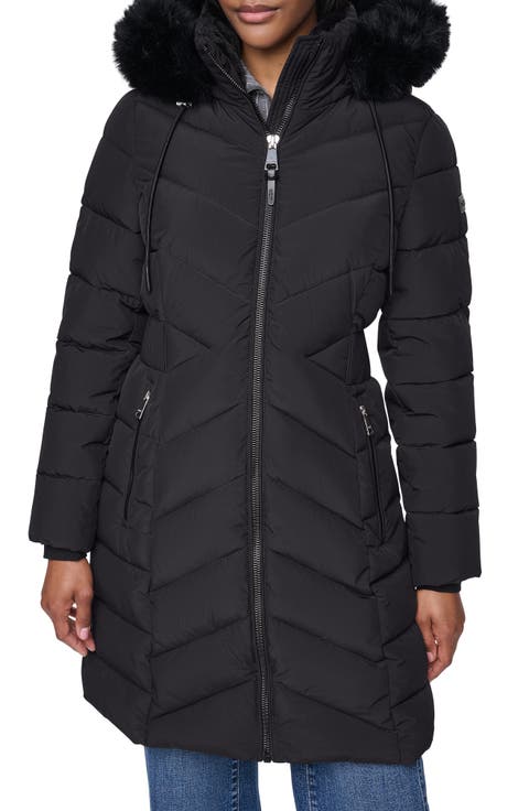 Hooded Puffer Coat with Faux Fur Trim