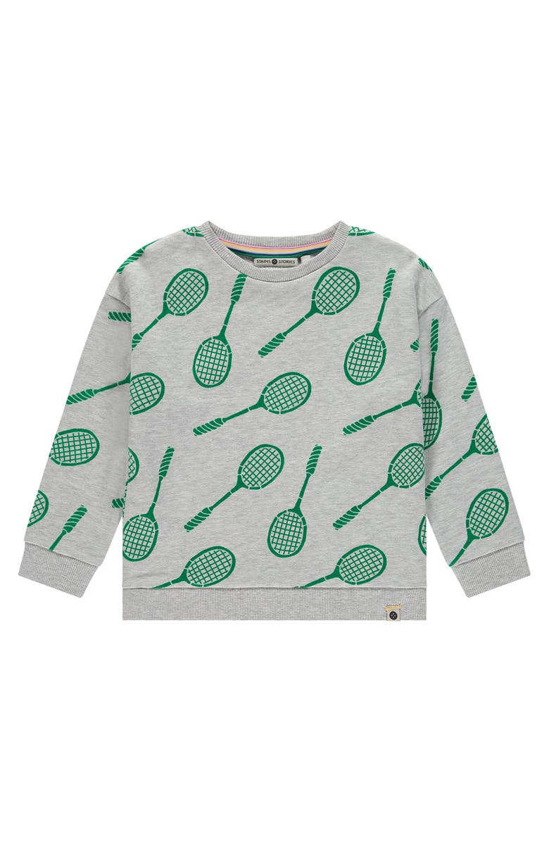 Stains and Stories by Babyface Allover Badminton Racquet Print Sweatshirt, Main, color, Light Grey Melee