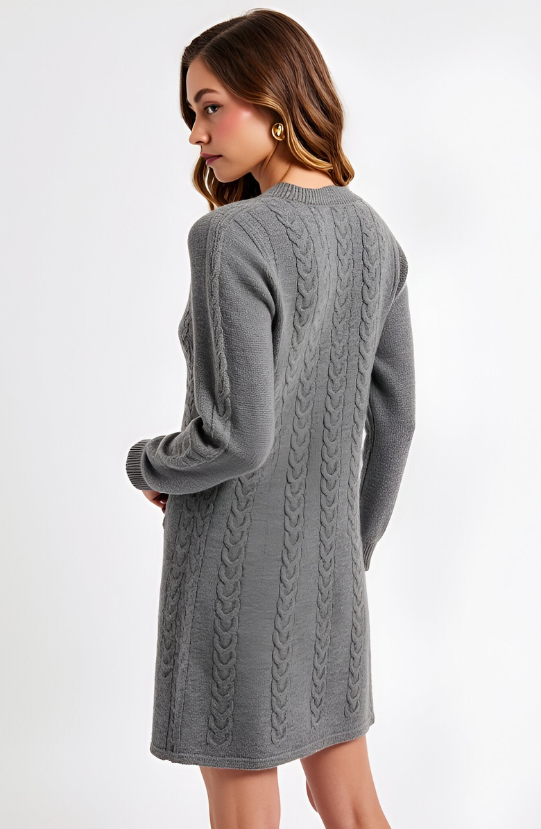 Modenaire Cable Knit V-Neck Long-Sleeve Sweater Dress, Alternate, color, Grey