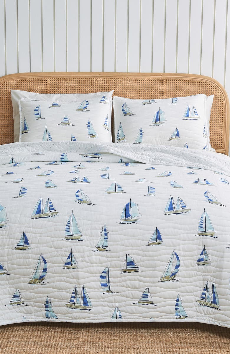 Woven & Weft Sailboat Reversible Quilt Set, Alternate, color, Blue Watercolor Sailboats