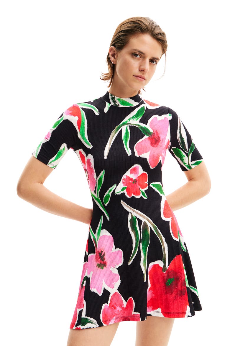 Short Floral Skater Dress, Alternate, color, BLACK