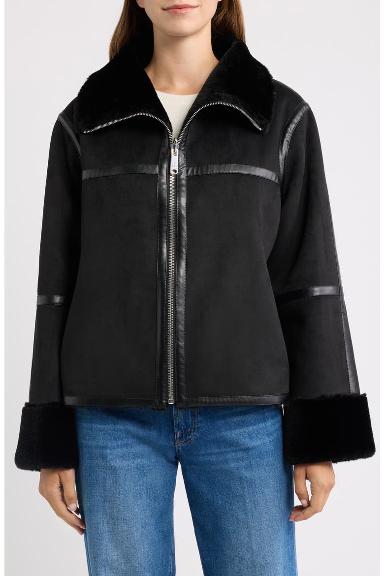 Faux Fur Trim Oversized Faux Suede Jacket, Alternate, color, BLACK
