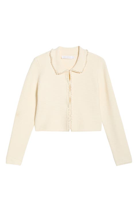 Faux Pearl Trim Collared Cardigan