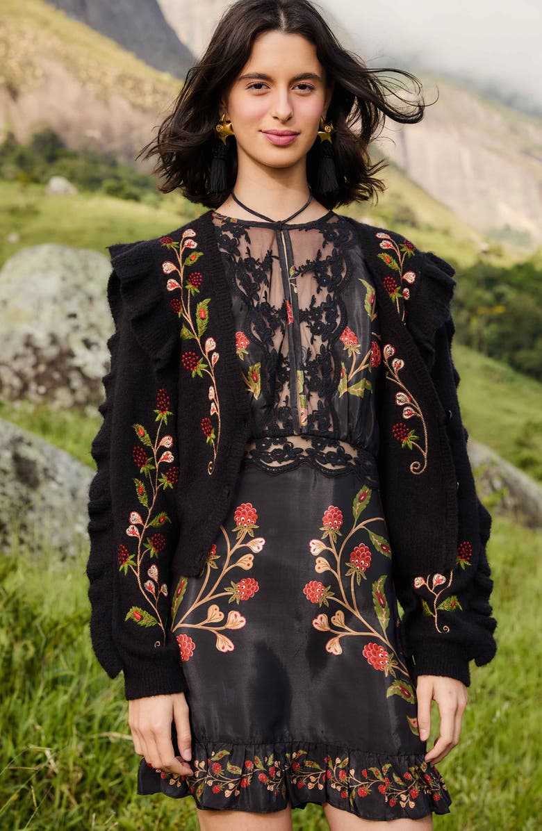 FARM Rio Berry Embroidered Ruffle Cardigan, Alternate, color, Black