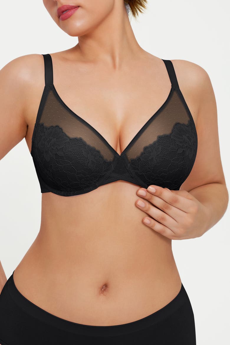 Lightweight Underwire Minimizer Lace Mesh Bra, Alternate, color, Classic black