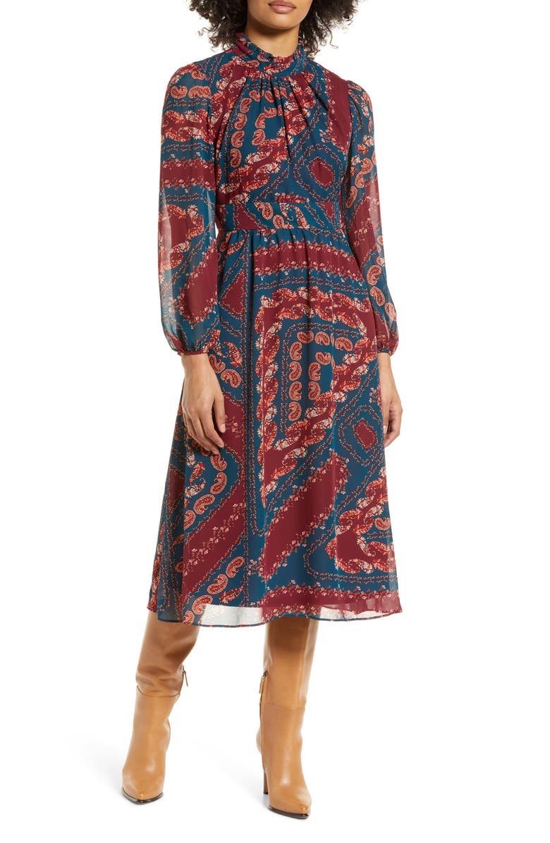 Julia Jordan Long Sleeve Mock Neck Midi Dress, Main, color,