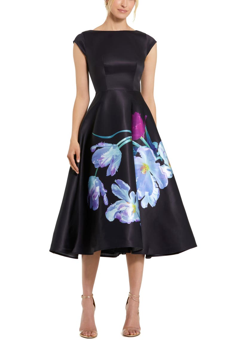 Petite Satin Cap Sleeve Midi Dress With Floral Print, Main, color, Black Multi