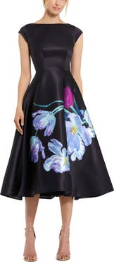 Mac Duggal Petite Satin Cap Sleeve Midi Dress With Floral Print