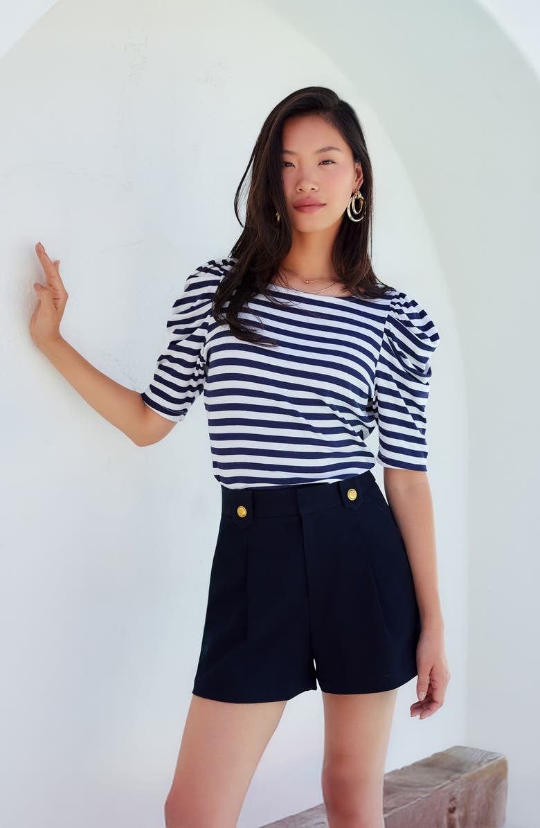FIFTEEN TWENTY Marni Stripe Ruched Sleeve Rib Top, Alternate, color, Navy W/ White