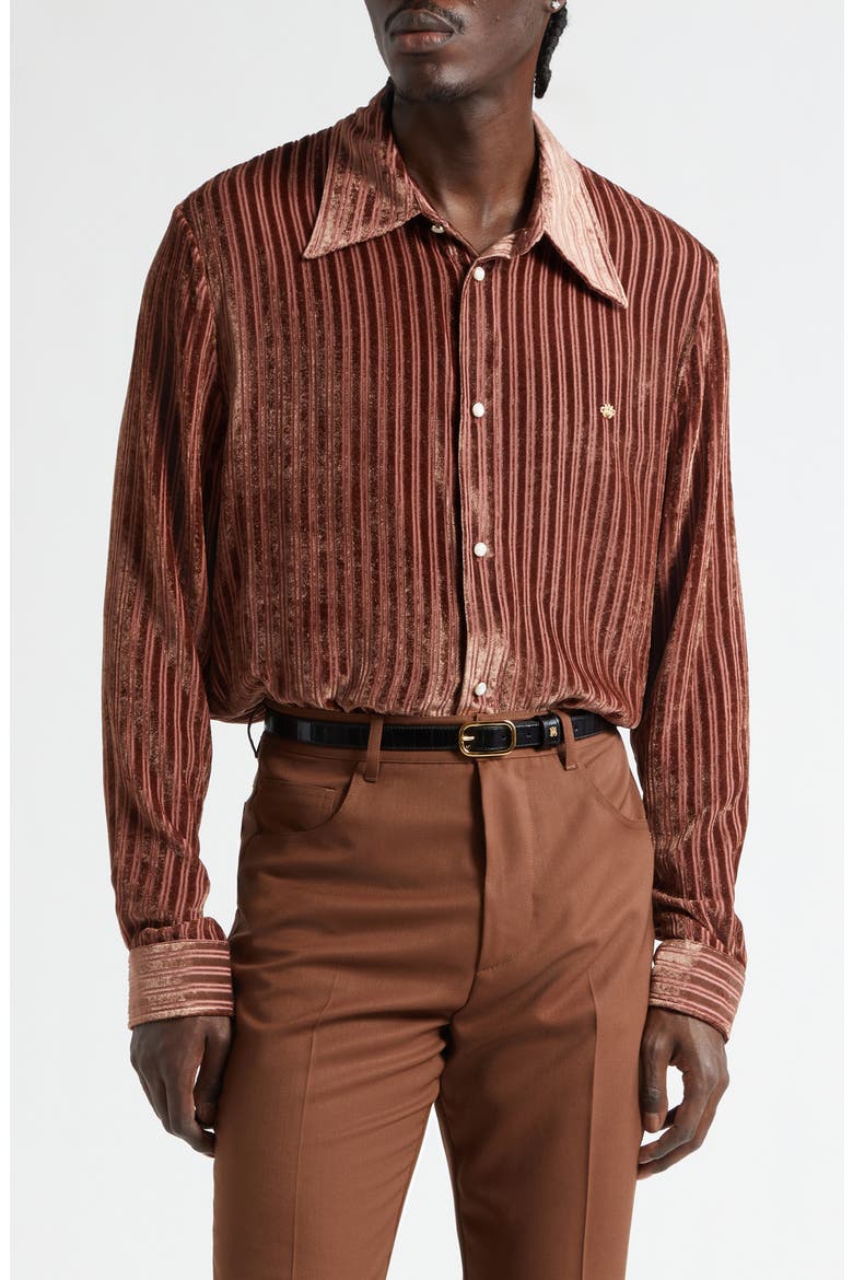 Stripe Wool & Silk Velvet Button-Up Shirt, Main, color, TERRACOTTA ARCHIVED