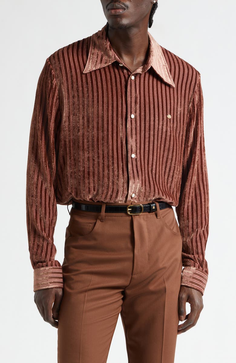 AMIRI Stripe Wool & Silk Velvet Button-Up Shirt, Main, color, Terracotta Archived