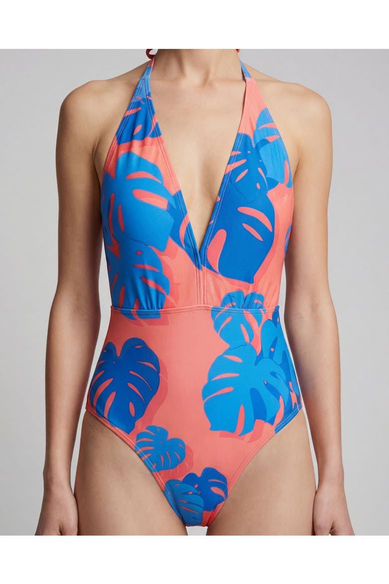Monstera Floral Womens Halter One-Piece Swimsuit, Alternate, color, Monstera Floral Coral