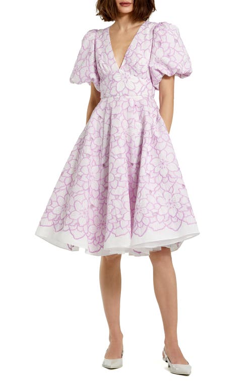 Mac Duggal Puff-sleeve V-neck A-line Knee-length Dress In Orchid White