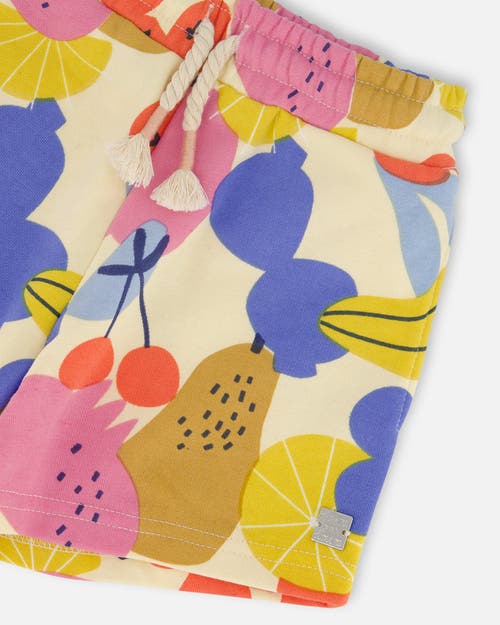 Deux Par Deux Little Girl's Printed French Terry Short Fruits On Yellow Background In Fruits On Yellow Background