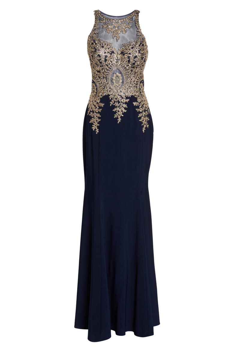 Xscape Embellished Mermaid Gown, Alternate, color, NAVY/ GOLD