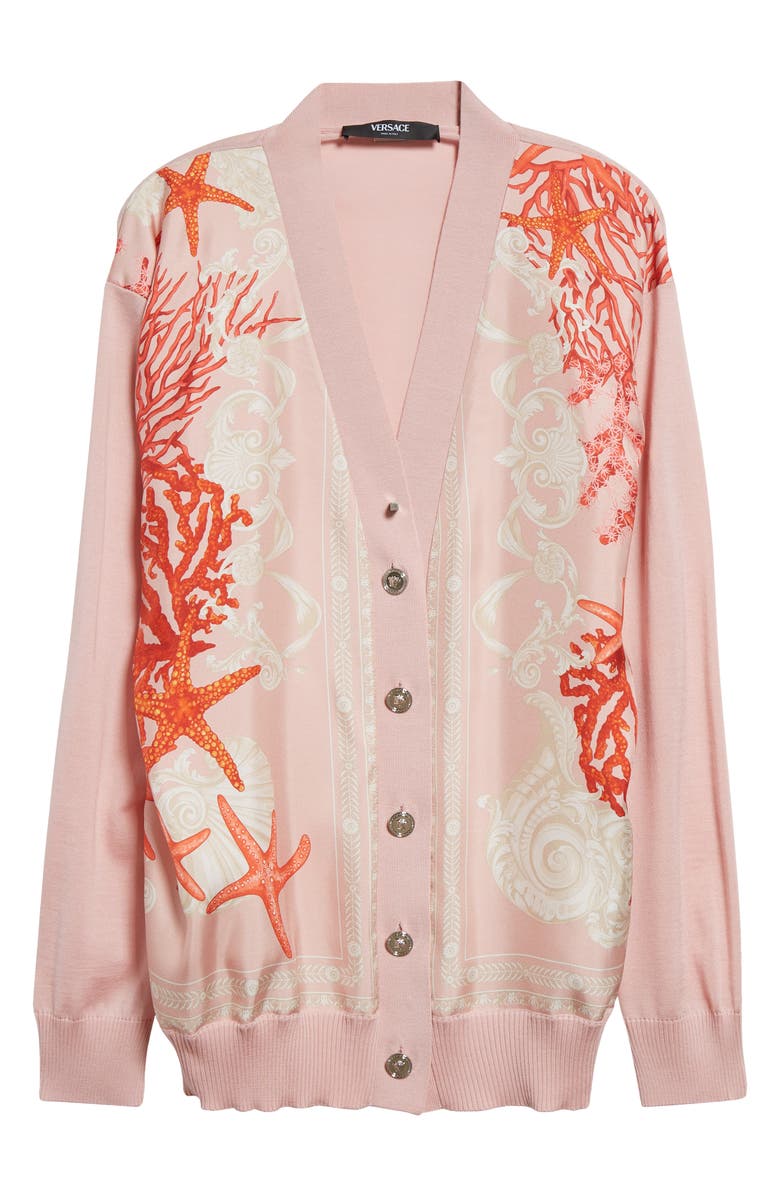 Versace La Vacanza Print Mixed Media Silk Twill & Virgin Wool Blend Cardigan, Alternate, color,
