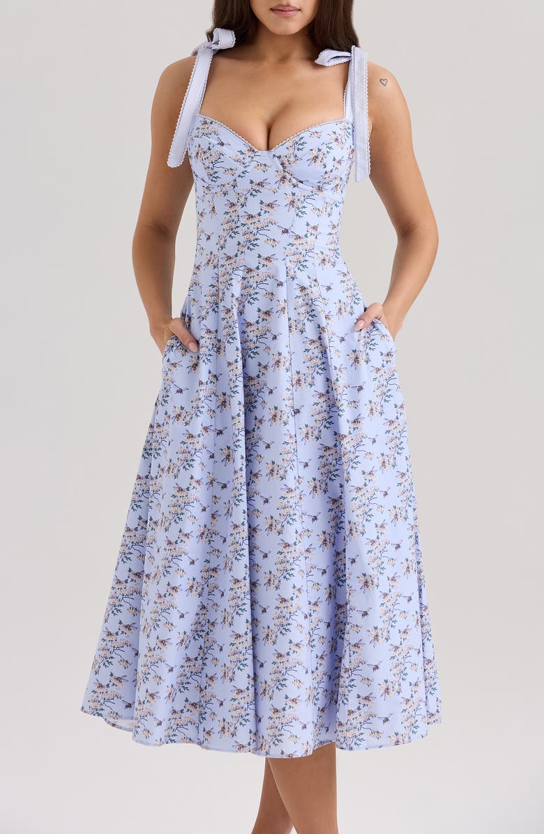 HOUSE OF CB Emely Paneled Dress with Tie Straps, Alternate, color, Bee Floral Blue
