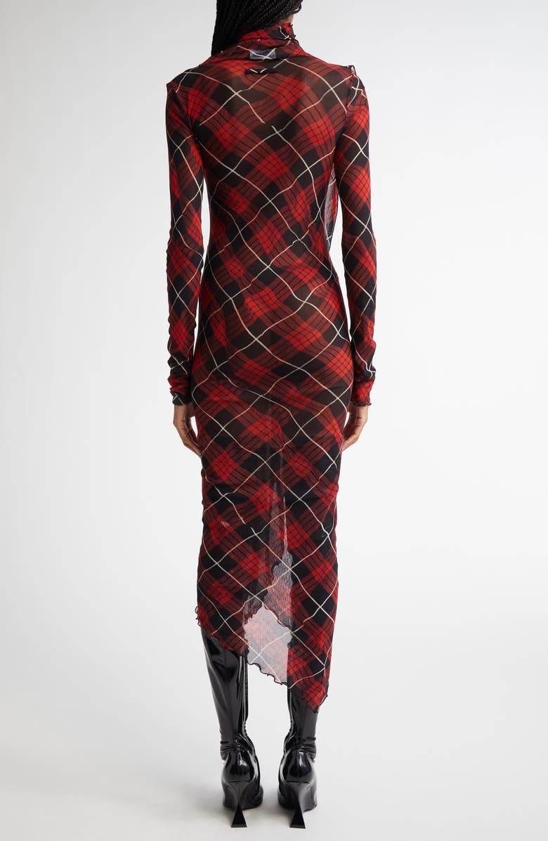 Jean Paul Gaultier Draped Plaid Long Sleeve Mesh Midi Dress, Alternate, color, 