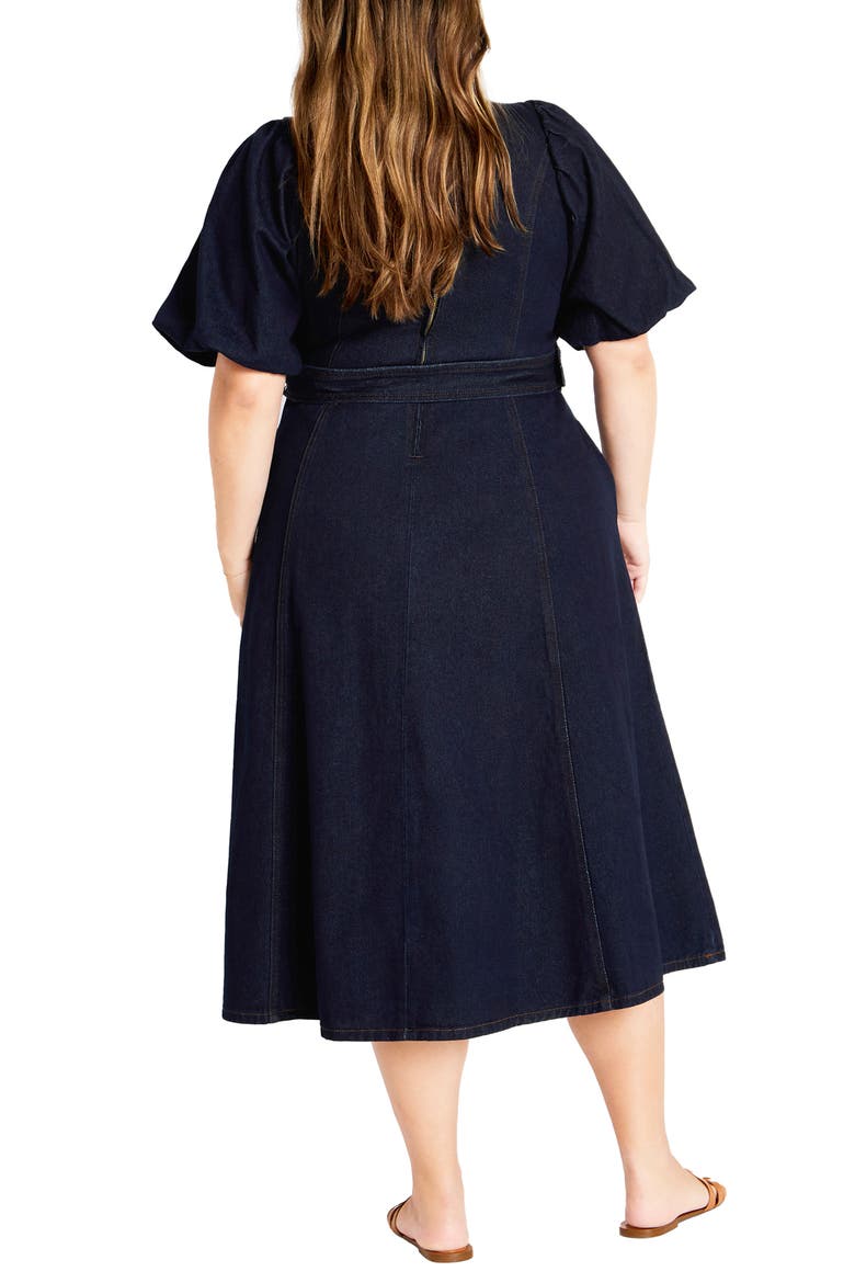Sable Delilah Puff Sleeve Belted Denim Midi Dress, Alternate, color, DARK DENIM