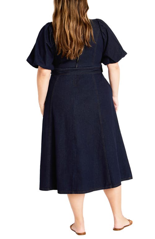 City Chic Sable Delilah Puff Sleeve Belted Denim Midi Dress In Blue