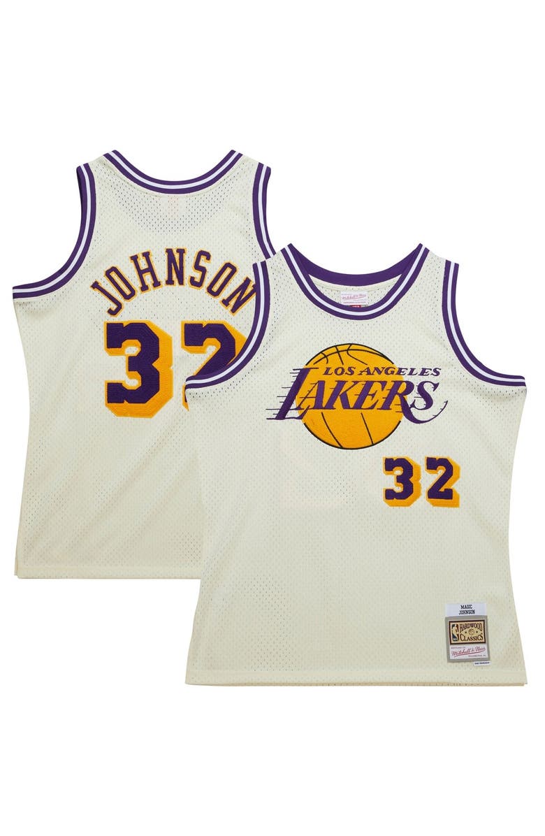 Mitchell & Ness Men's Mitchell & Ness Magic Johnson Cream Los Angeles Lakers Chainstitch Swingman Jersey, Alternate, color, 