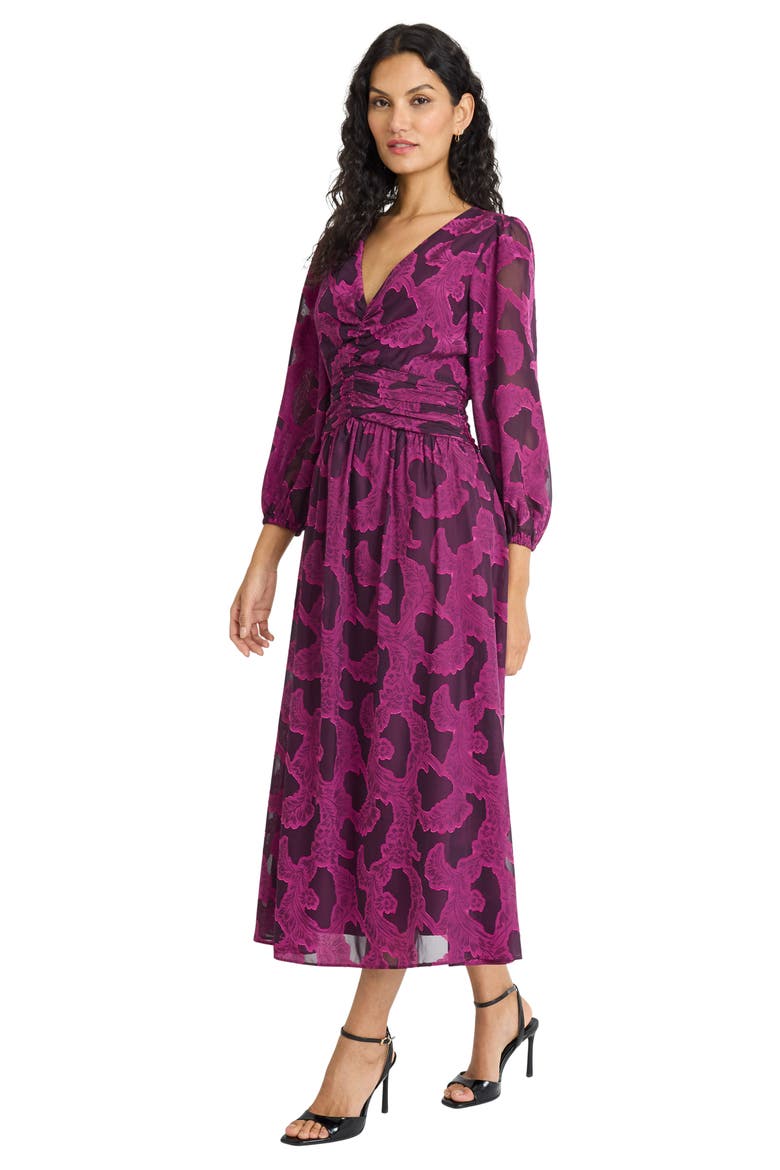 Balloon Sleeve V-Neck Midi Dress, Alternate, color, MAGENTA