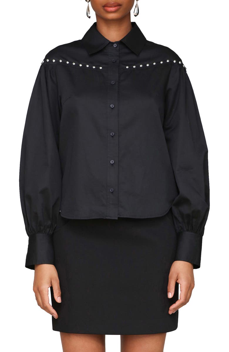 Avec Les Filles Studded Puff Sleeve Button-Up Shirt, Main, color, Black