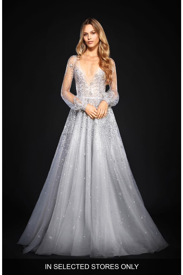 Lumi Embellished Long Sleeve Tulle Ballgown, Main, color, BLUEMOON