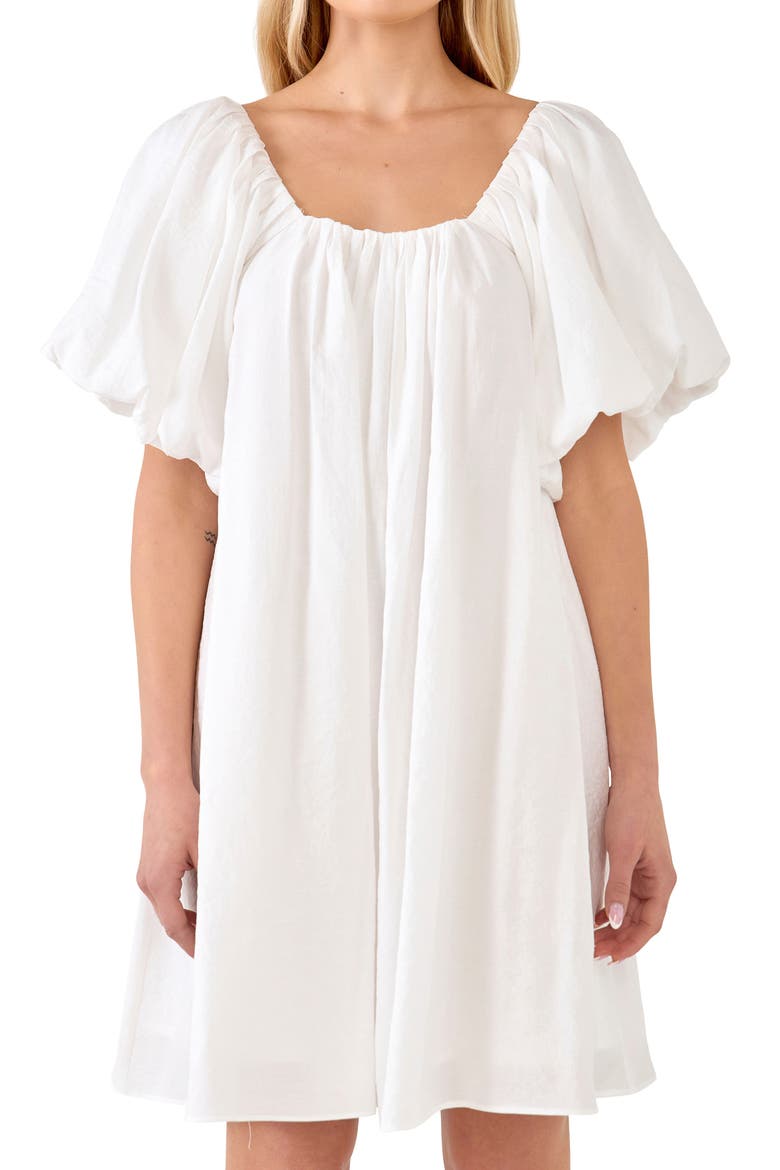 Pleated Puff Sleeve Cotton Blend Minidress, Alternate, color, WHITE