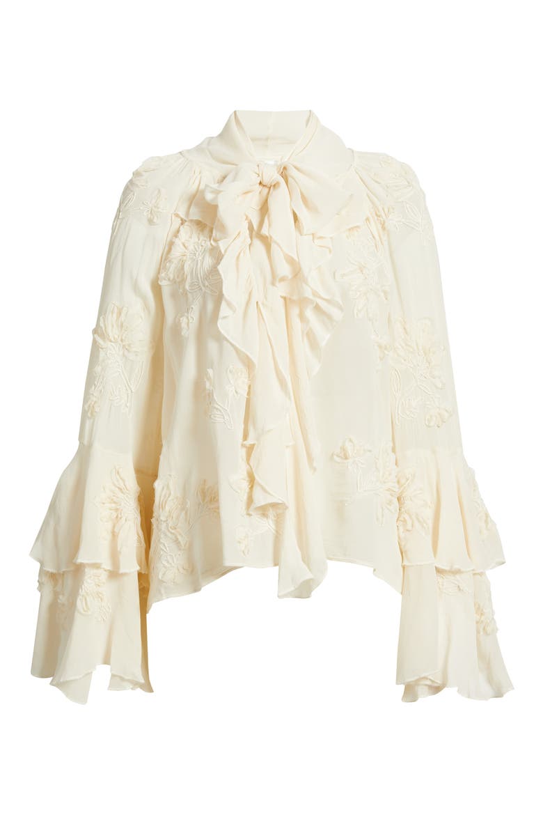 Blusa Gigi Floral Embroidered Tie Mock Neck Top, Alternate, color, ECRU