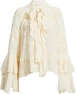 MANGO Blusa Gigi Floral Embroidered Tie Mock Neck Top