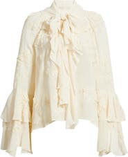 MANGO Blusa Gigi Floral Embroidered Tie Mock Neck Top