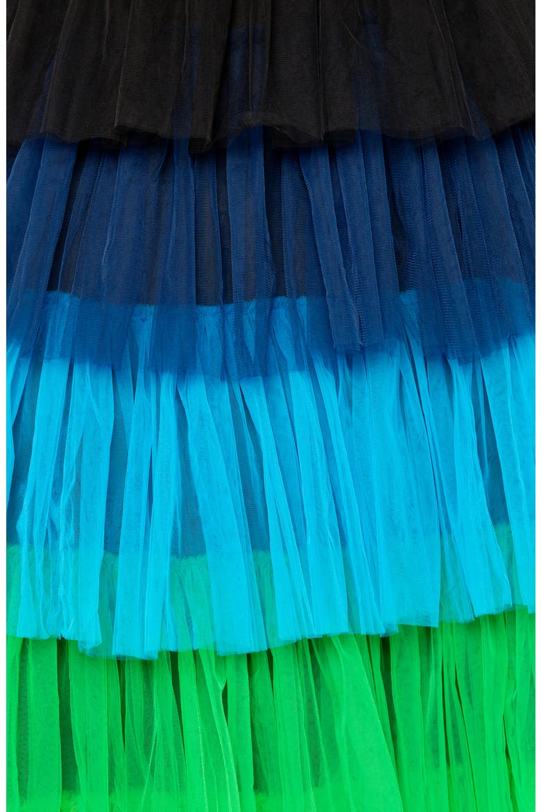 Colorful Tiered Faux Leather & Tulle Maxi Dress, Alternate, color, BLUE MULTI