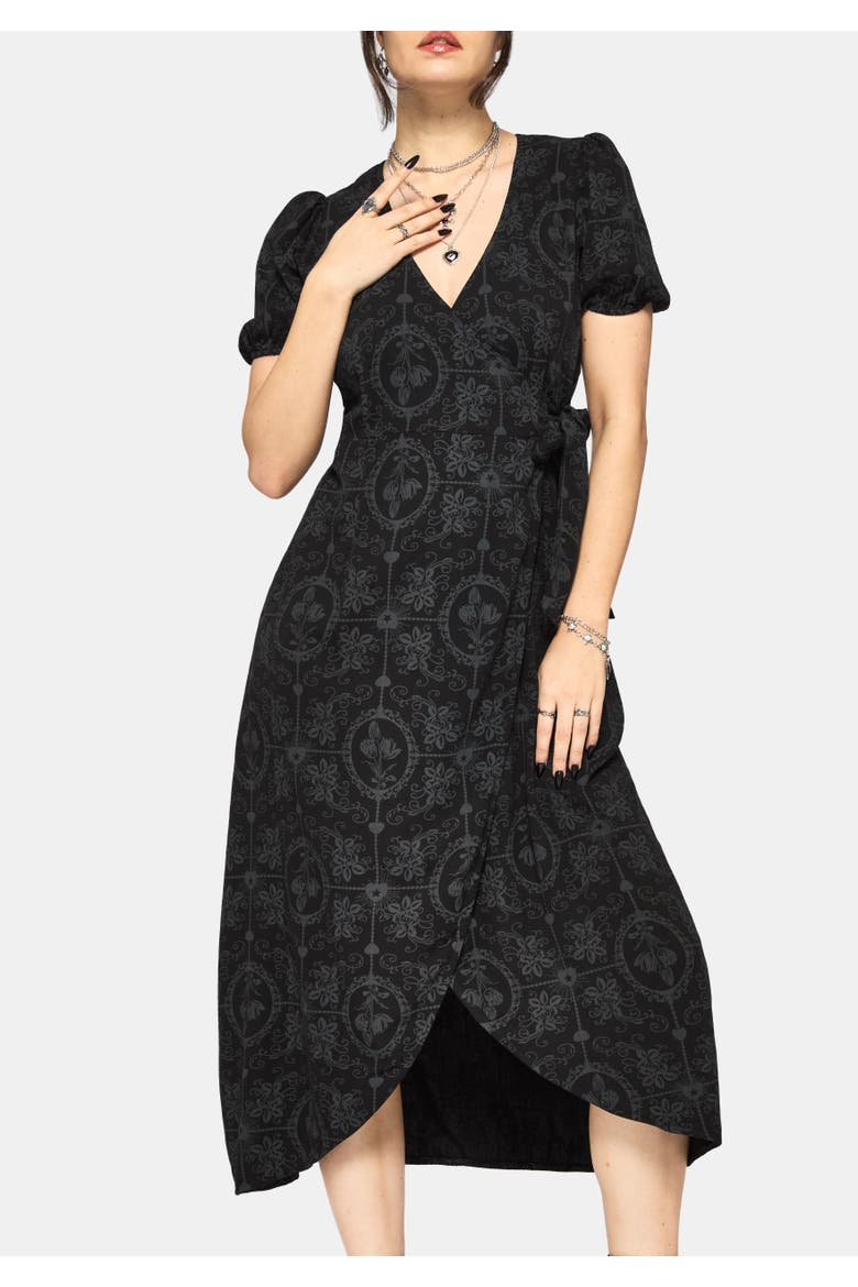 Cameo Floral Printed Wrap Dress, Alternate, color, Black